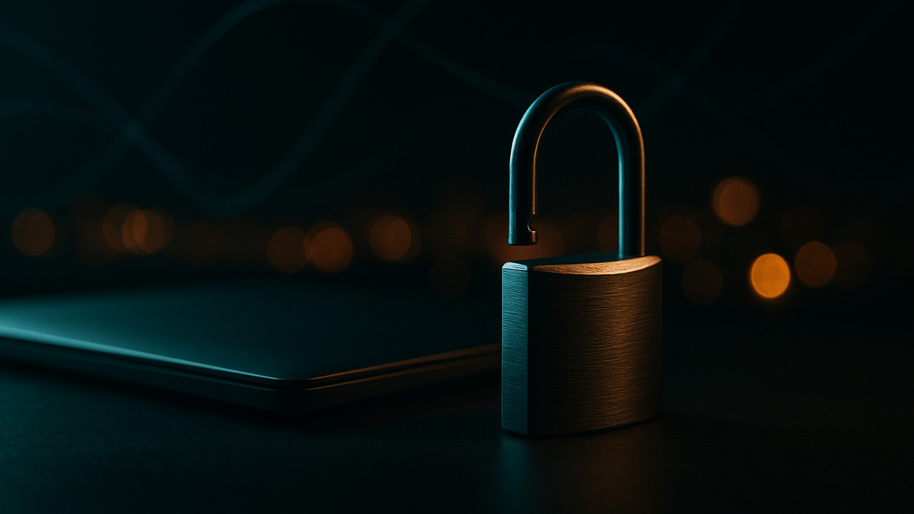 An open padlock on a laptop in a dark room, teal light from the left and amber city bokeh behind