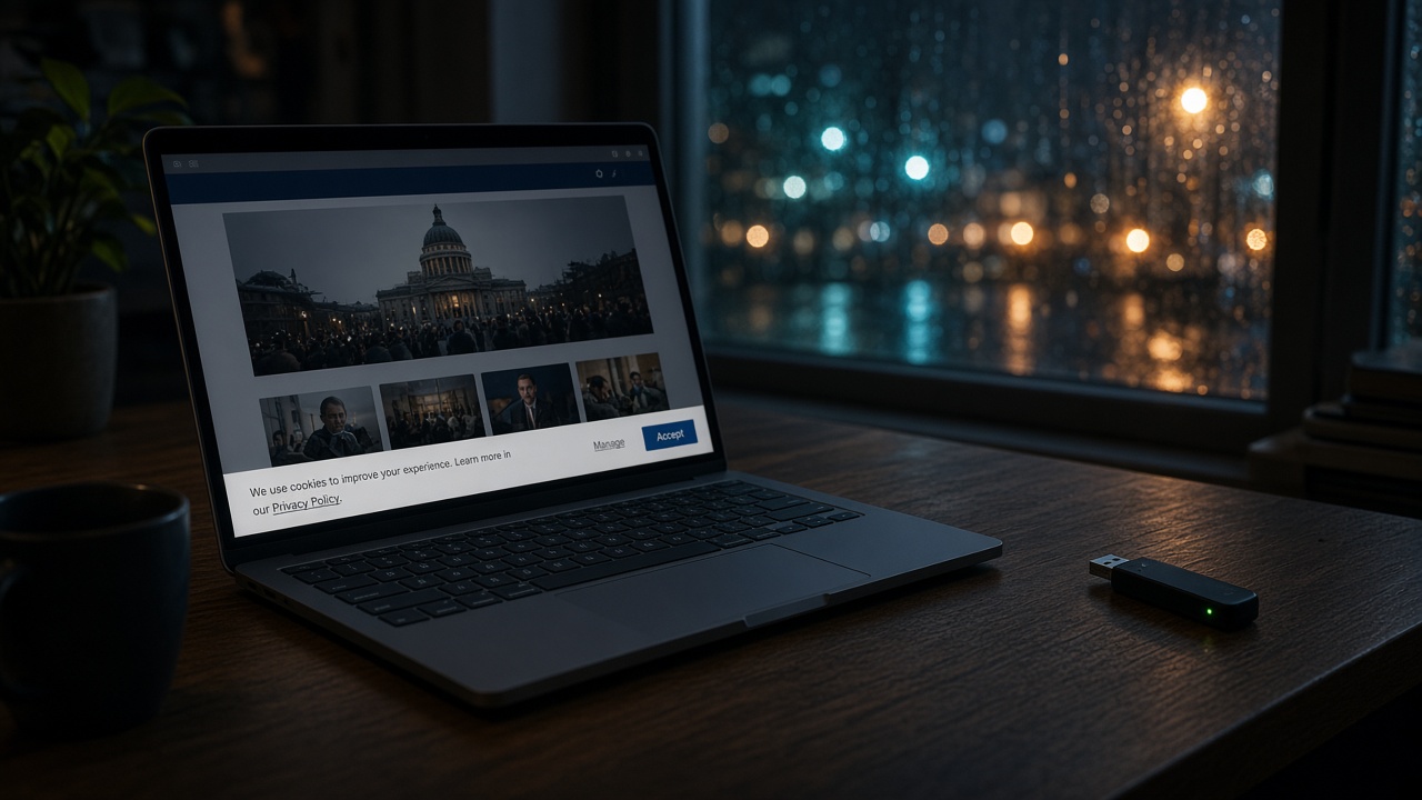 A laptop showing a cookie consent banner on a desk at night, a 4G modem at the edge