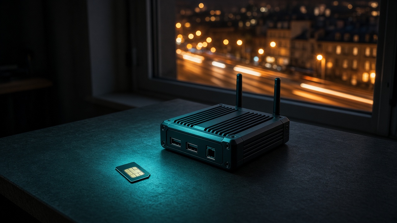 A 4G modem and SIM on a desk at night, city lights in the window