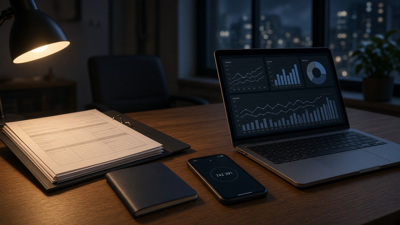 Business documents and a phone beside a laptop on a night office desk