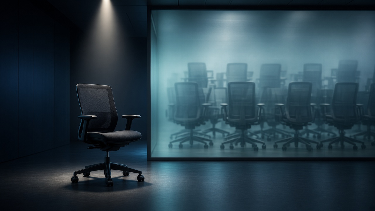 One empty chair in a spotlight, a crowded room of identical chairs behind glass
