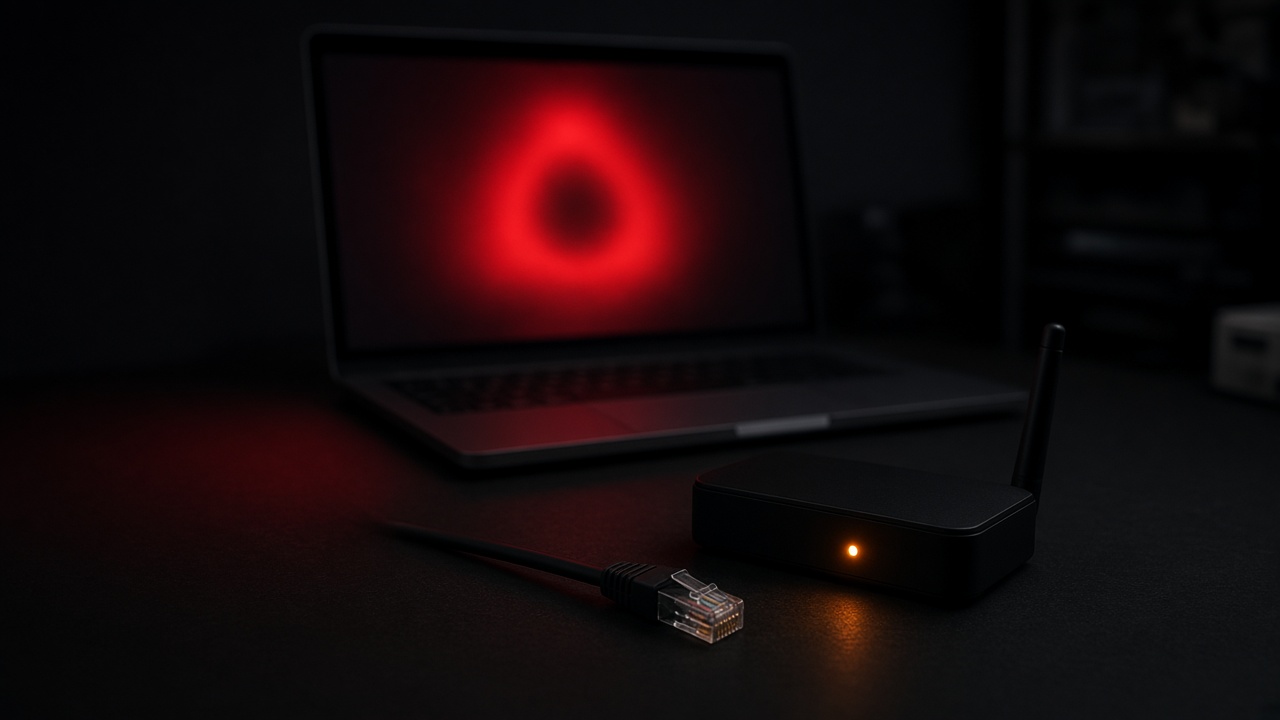 A red cable unplugged from a 4G modem on a dark desk